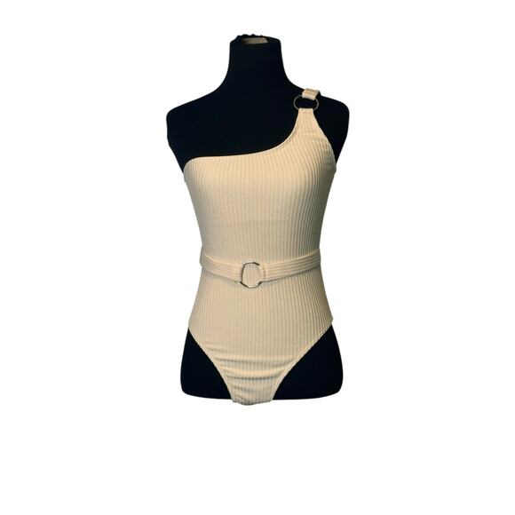 Beige ribbed one shoulder front belted one piece swimsuit size Small - Picture 11 of 14